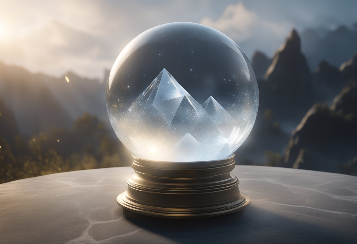 A crystal ball surrounded by swirling mist and glowing with a faint, otherworldly light