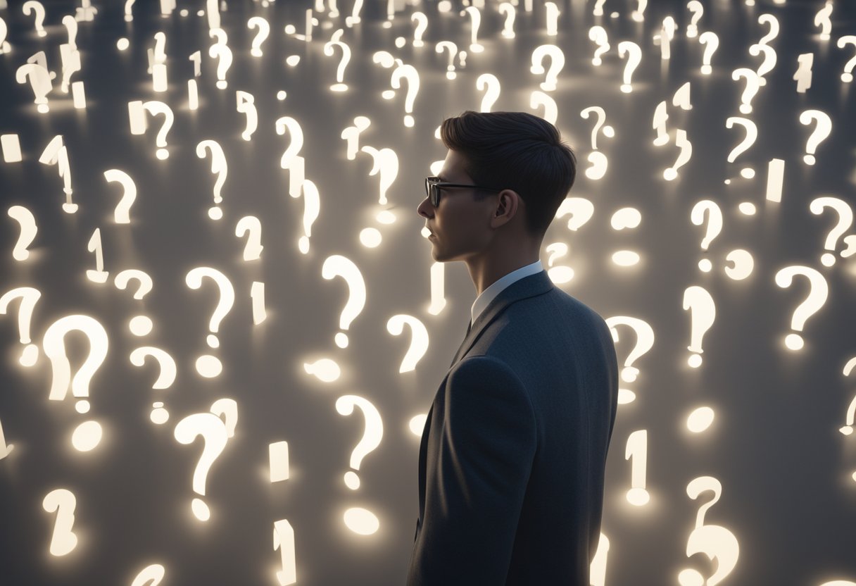 A person with clairaudience surrounded by floating question marks