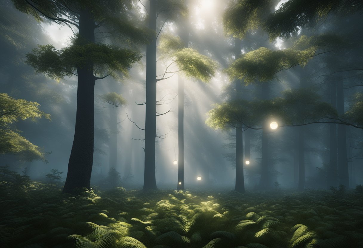A misty forest with glowing orbs of light floating among the trees