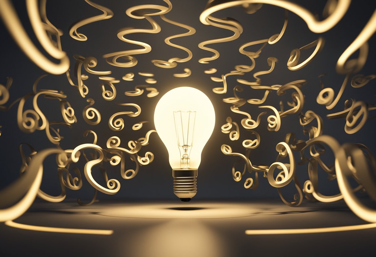 A glowing lightbulb surrounded by swirling question marks