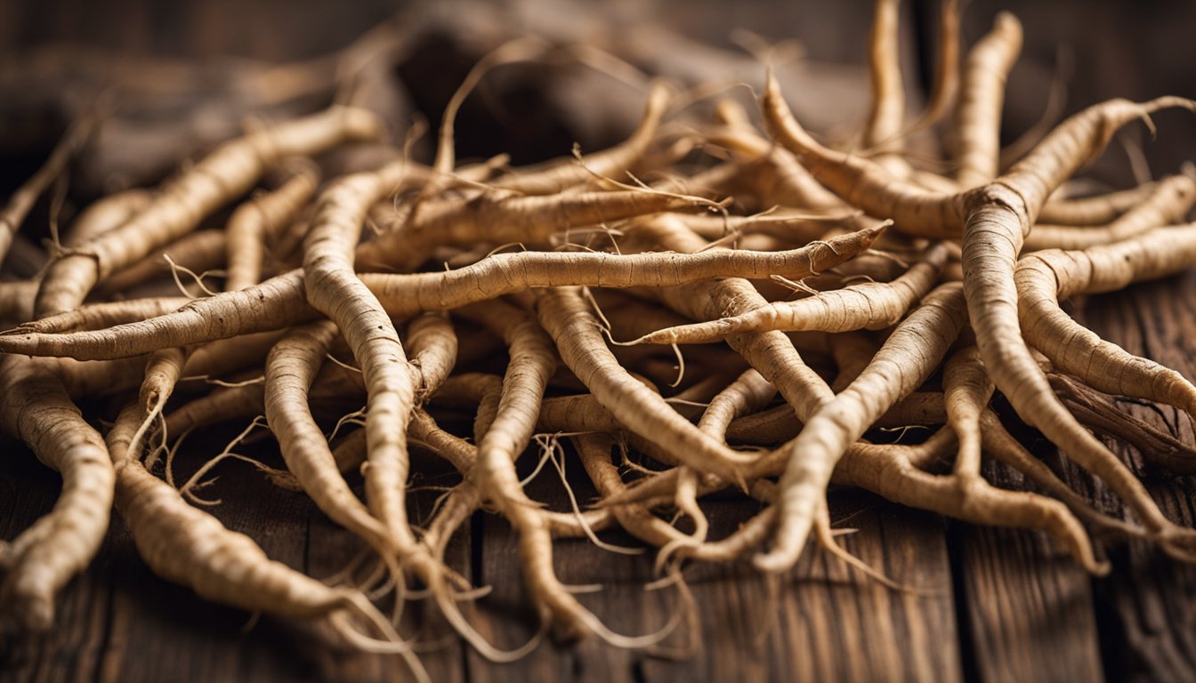 Fresh ginseng roots displayed on a wooden table, highlighting their unique shapes and earthy hues