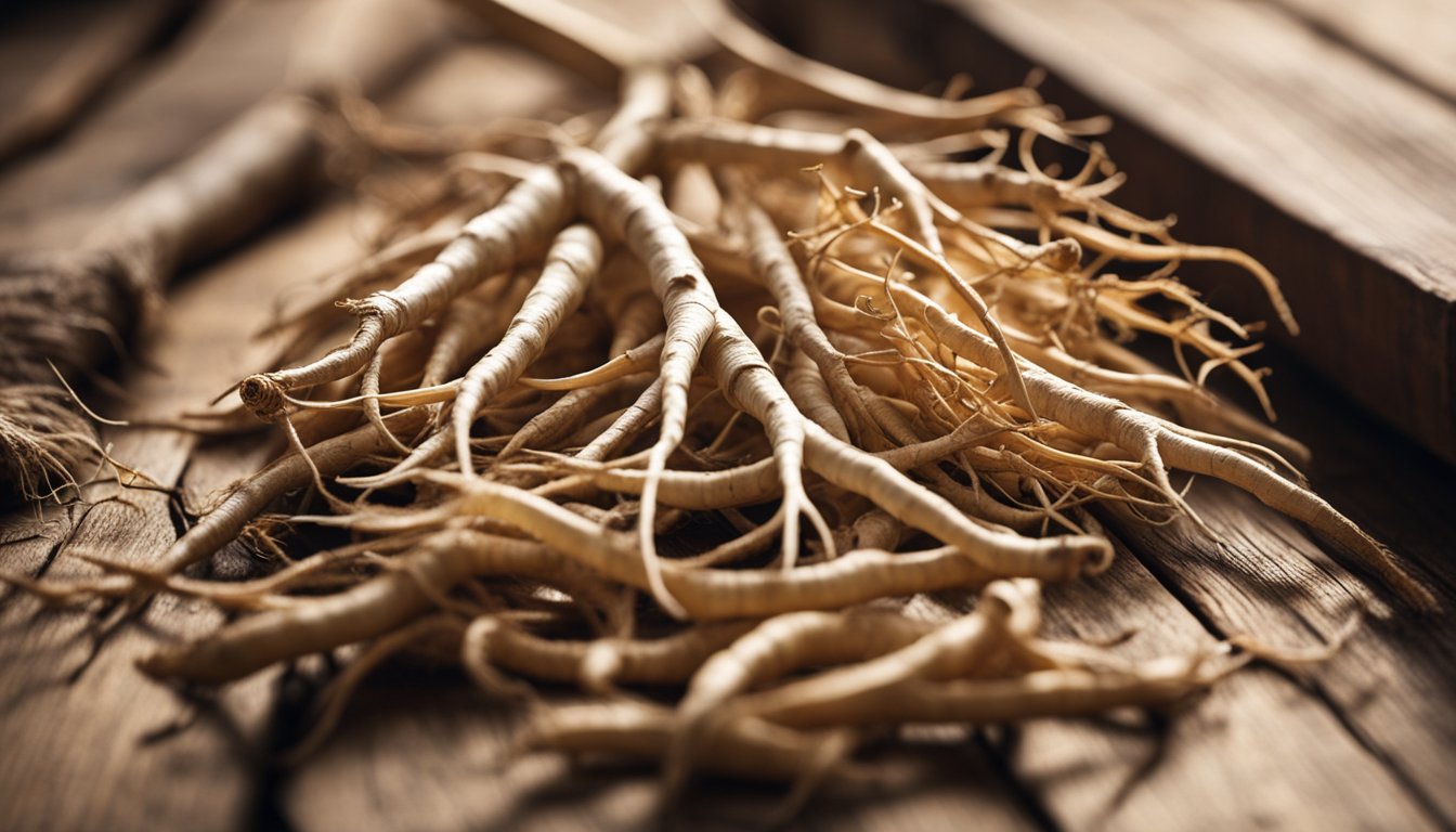 Fresh ginseng roots arranged on a wooden table