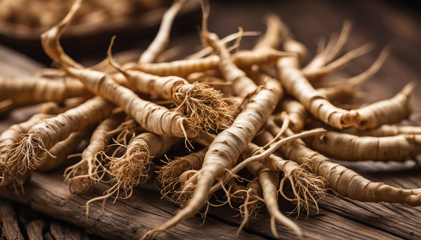 Fresh ginseng roots displayed on a wooden table