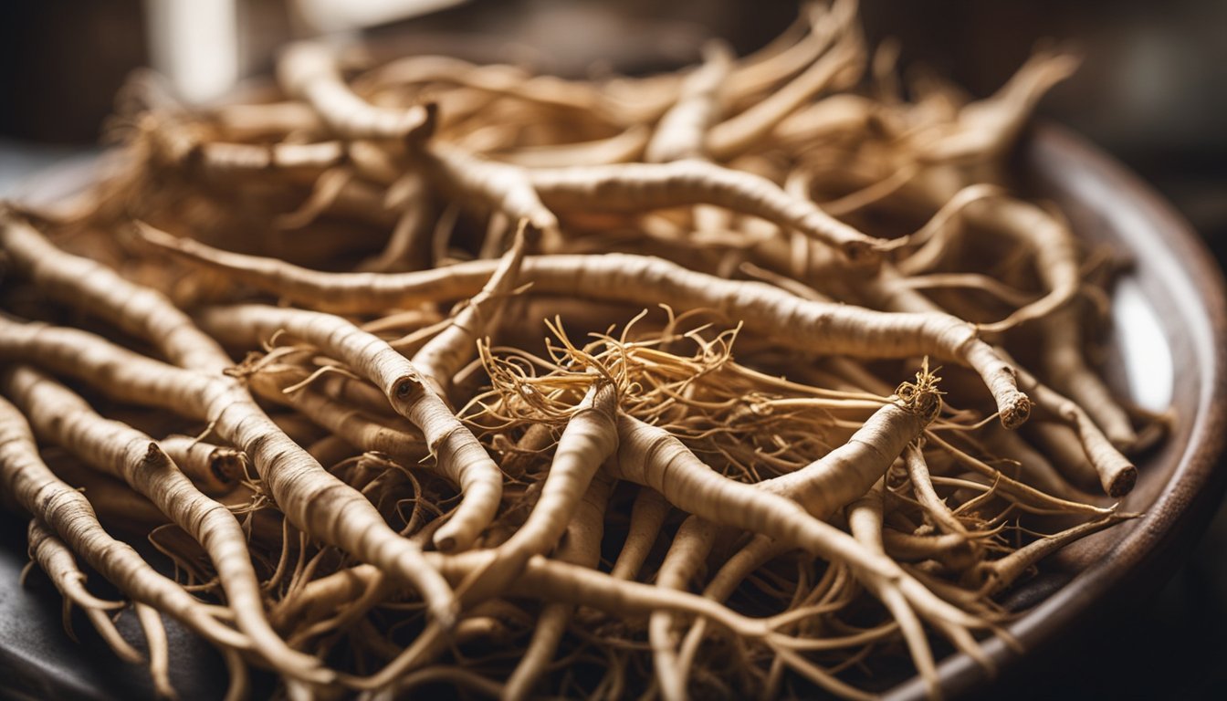 Fresh ginseng roots arranged on a kitchen counter, their unique shapes and earthy hues on display