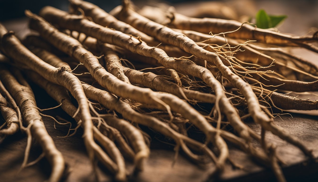 Fresh ginseng roots displayed on a kitchen counter, highlighting their unique shapes and earthy hues