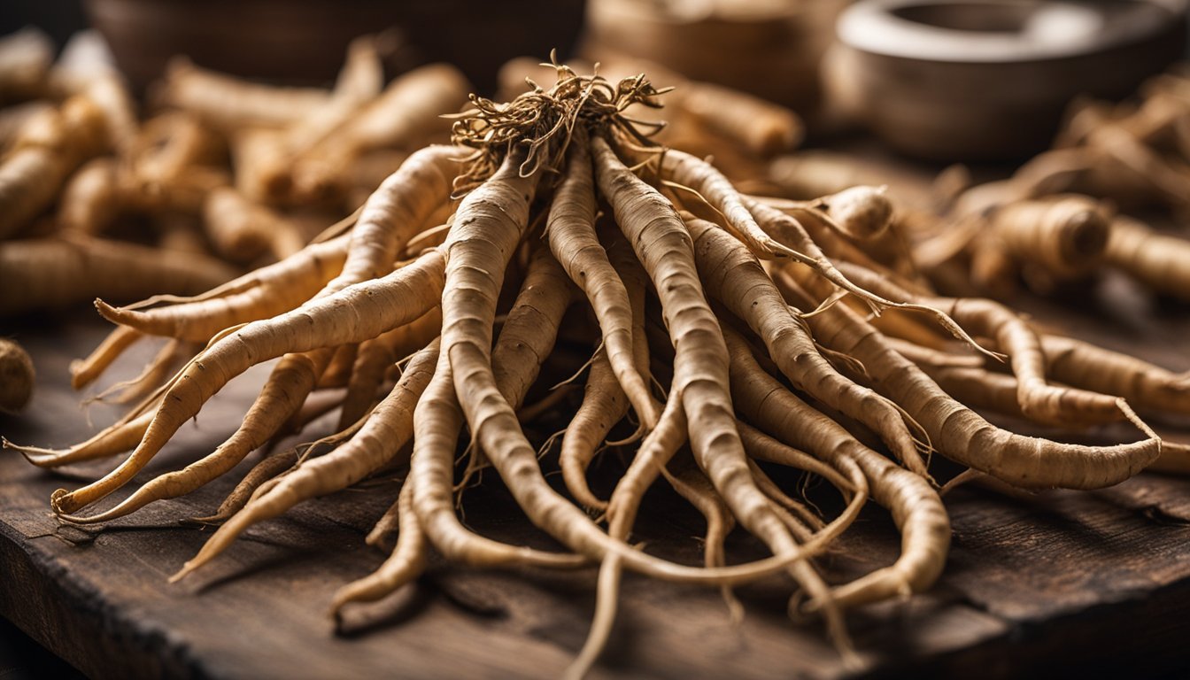 Fresh ginseng roots arranged on a kitchen counter, highlighting their unique shapes and earthy hues