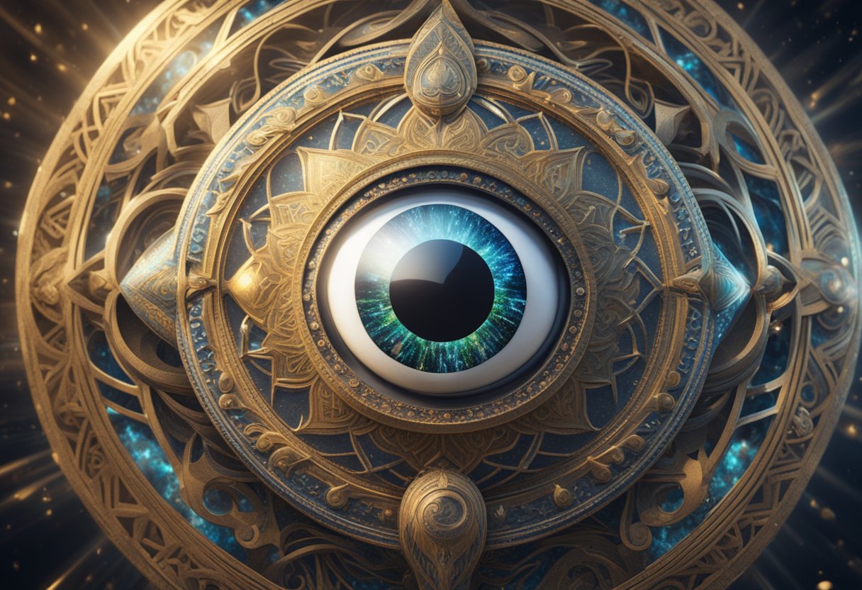 A mystical third eye surrounded by swirling patterns and cosmic elements