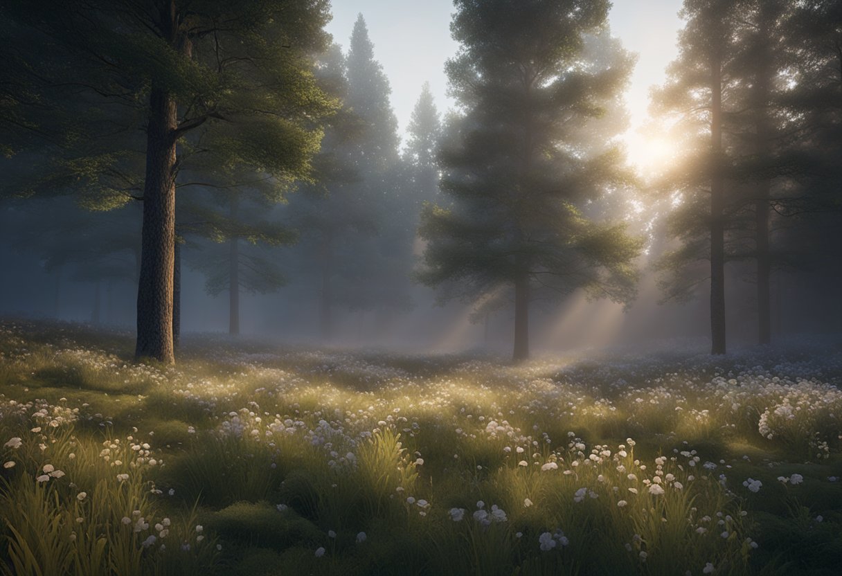 A forest clearing at dusk, with mist rising from the ground and the faint scent of flowers in the air