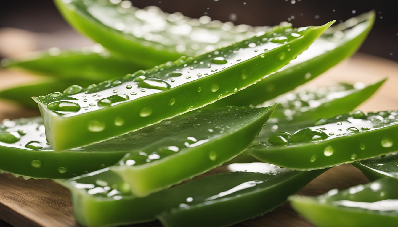 Fresh aloe vera leaves are being sliced open, revealing the clear, soothing gel inside