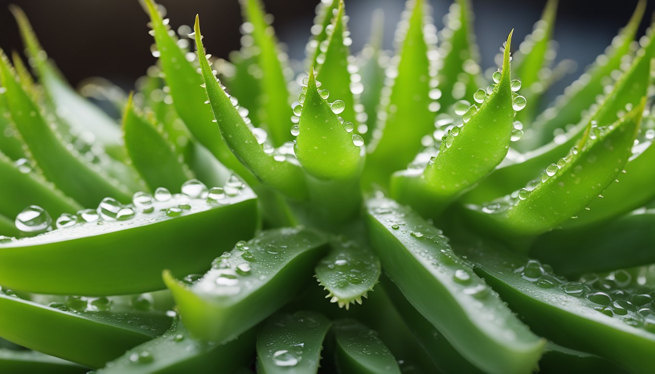 Fresh aloe vera leaves are being sliced open, revealing the clear, soothing gel inside