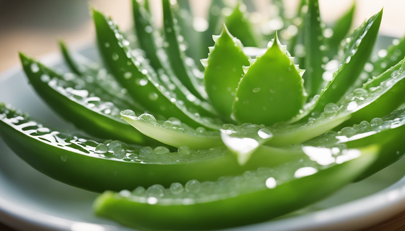 Fresh aloe vera leaves are being sliced open, revealing the clear, soothing gel inside