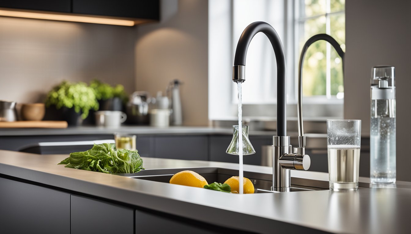 A modern kitchen sink with a sleek under-sink water filter system installed, surrounded by clean dishes and a glass of fresh drinking water