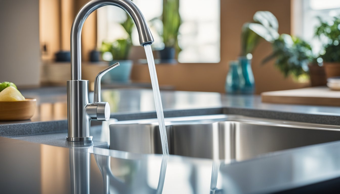 A kitchen sink with a 3M Aqua-Pure water filter system installed underneath, clean drinking water flowing from the faucet