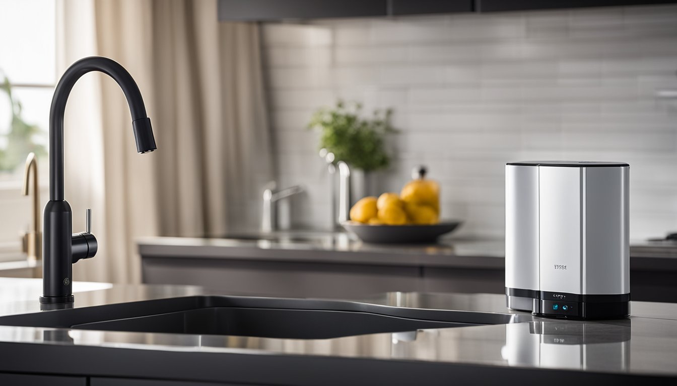 A modern kitchen with a sleek Home Master TMJRF2 Jr F2 countertop water filter next to a matching under-sink water filter, both providing clean drinking water