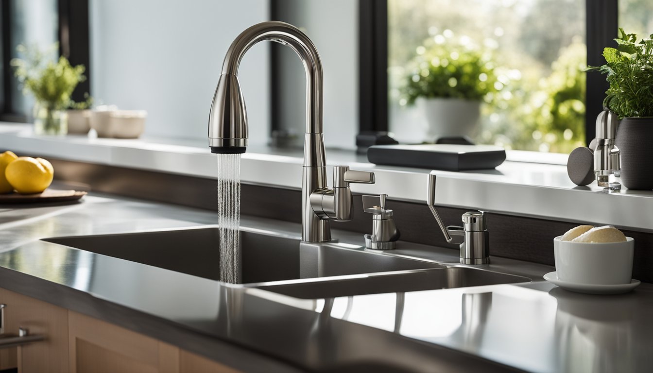 A modern kitchen sink with the Berkey PF-2 under-sink water filter installed, surrounded by clean drinking water and a sleek faucet