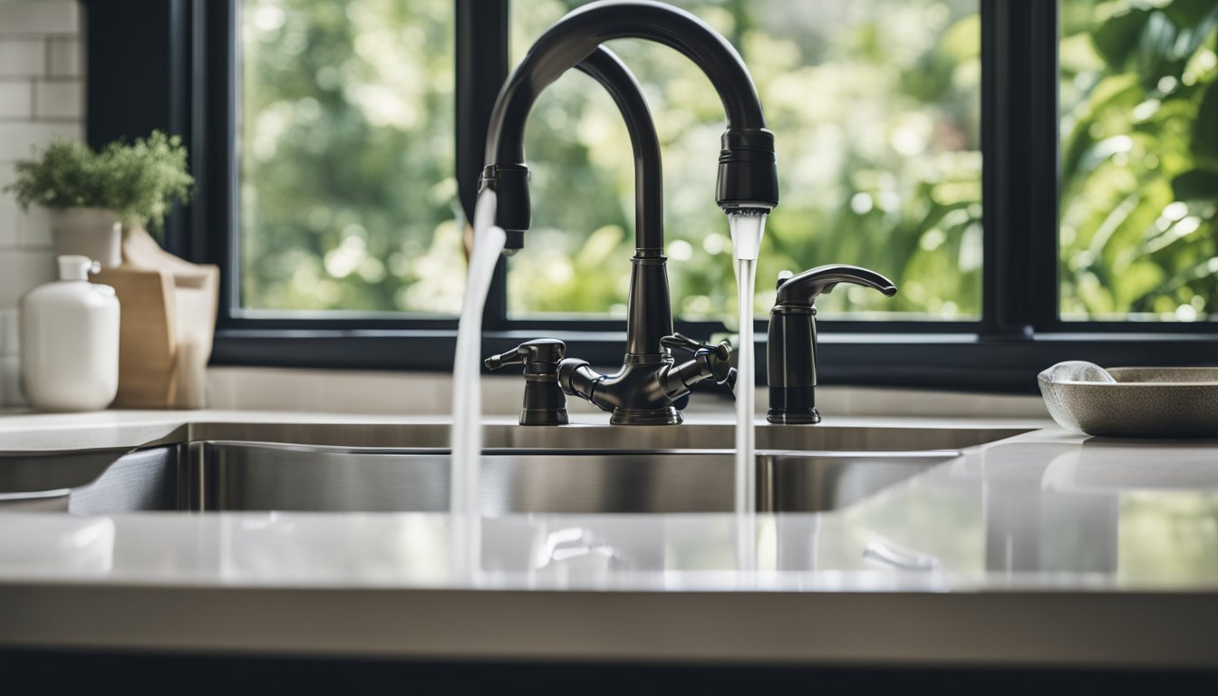 A kitchen sink with a water filter system installed underneath, clean drinking glasses nearby, and fresh water flowing from the faucet