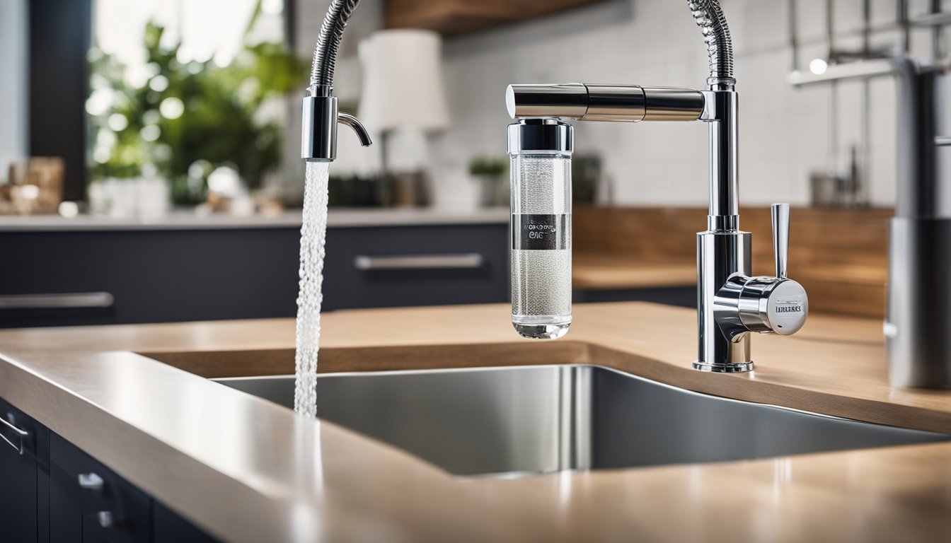 A modern under-sink water filter system installed beneath a kitchen sink with clean drinking water flowing from the faucet