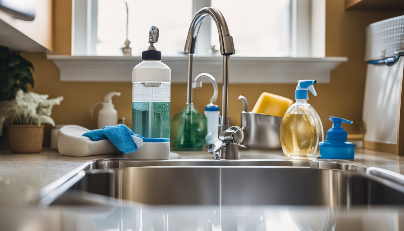 A cluttered cabinet under a kitchen sink, with various water filter systems and cleaning supplies scattered around