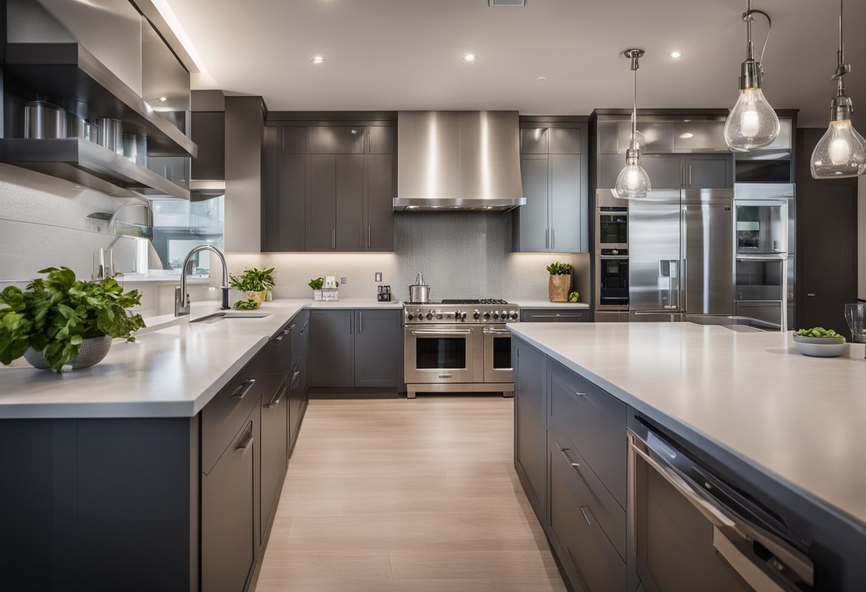 A modern, spacious kitchen with a sleek, stainless steel whole house water filtration system installed under the sink, surrounded by clean, organized countertops and appliances