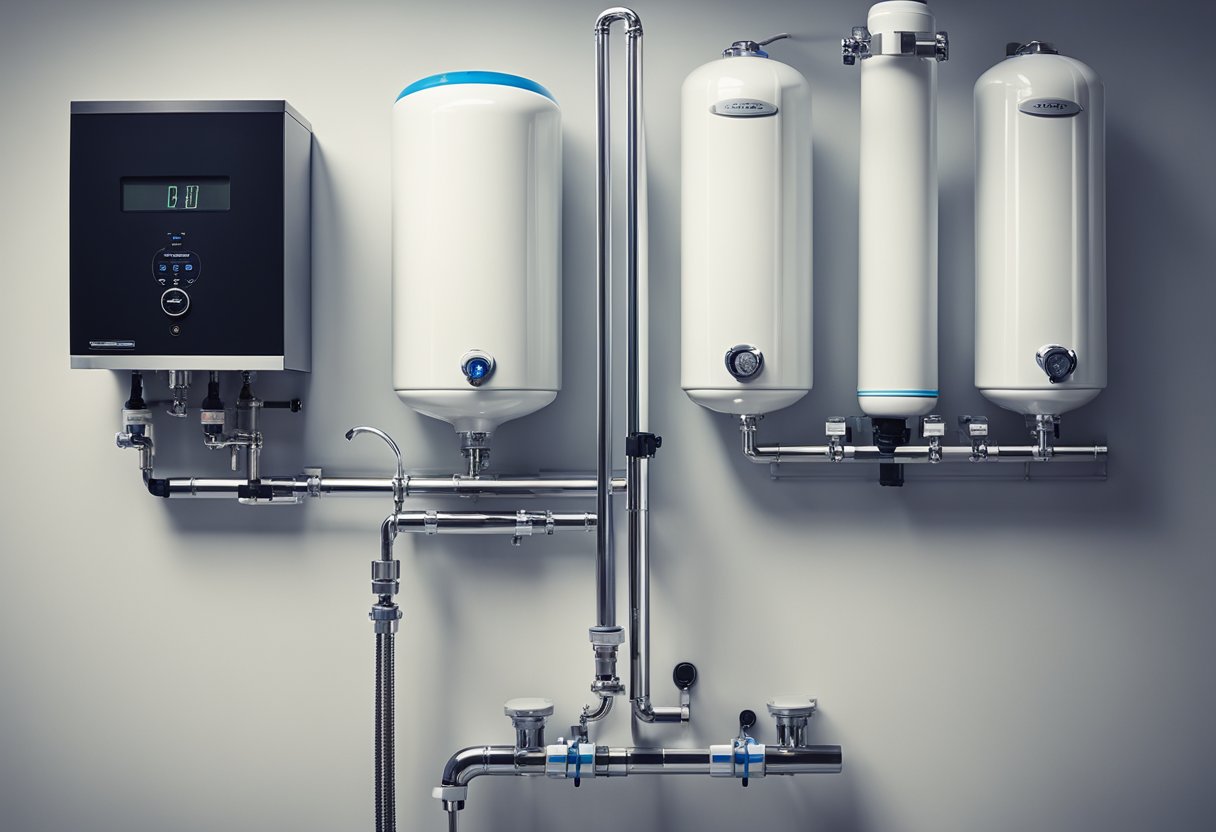 A modern, sleek whole house water filtration system mounted on a wall with pipes connecting to the main water supply