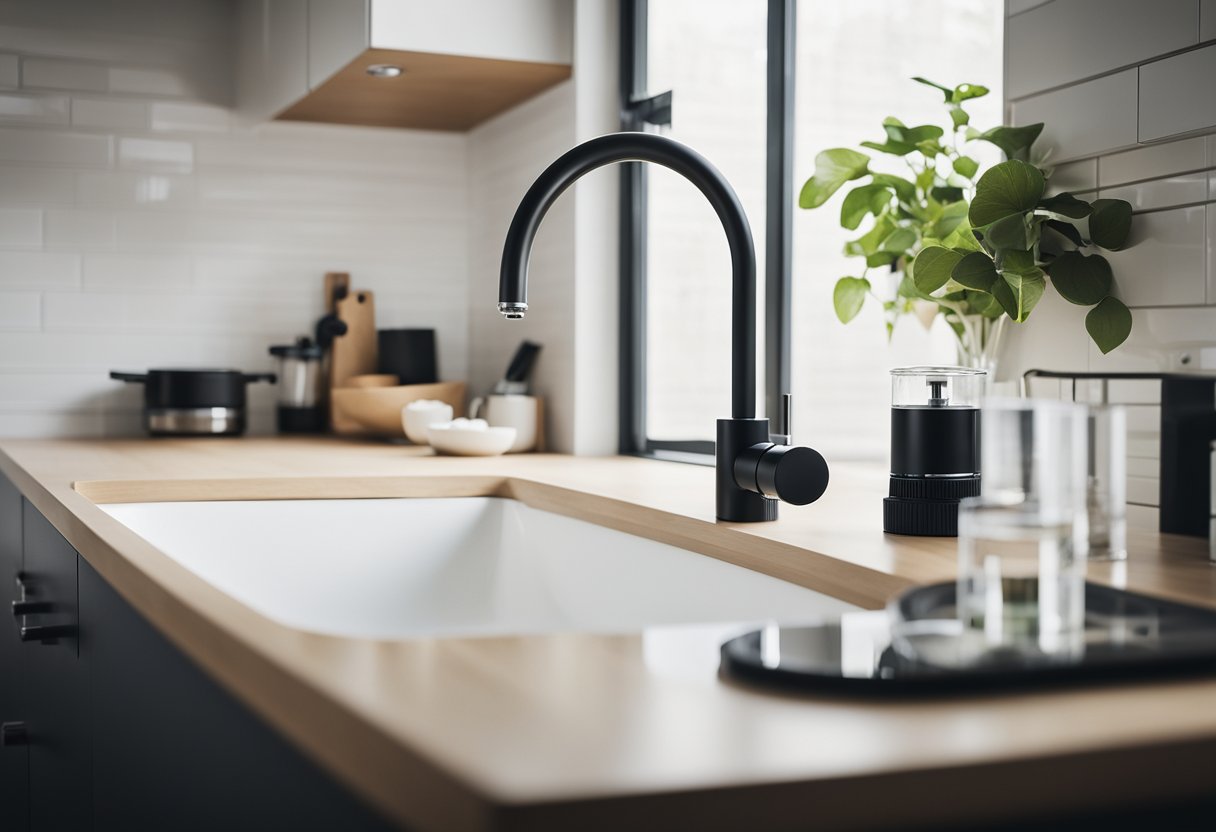 A modern home with a sleek, compact water filtration system installed under the sink, filtering water for the entire house