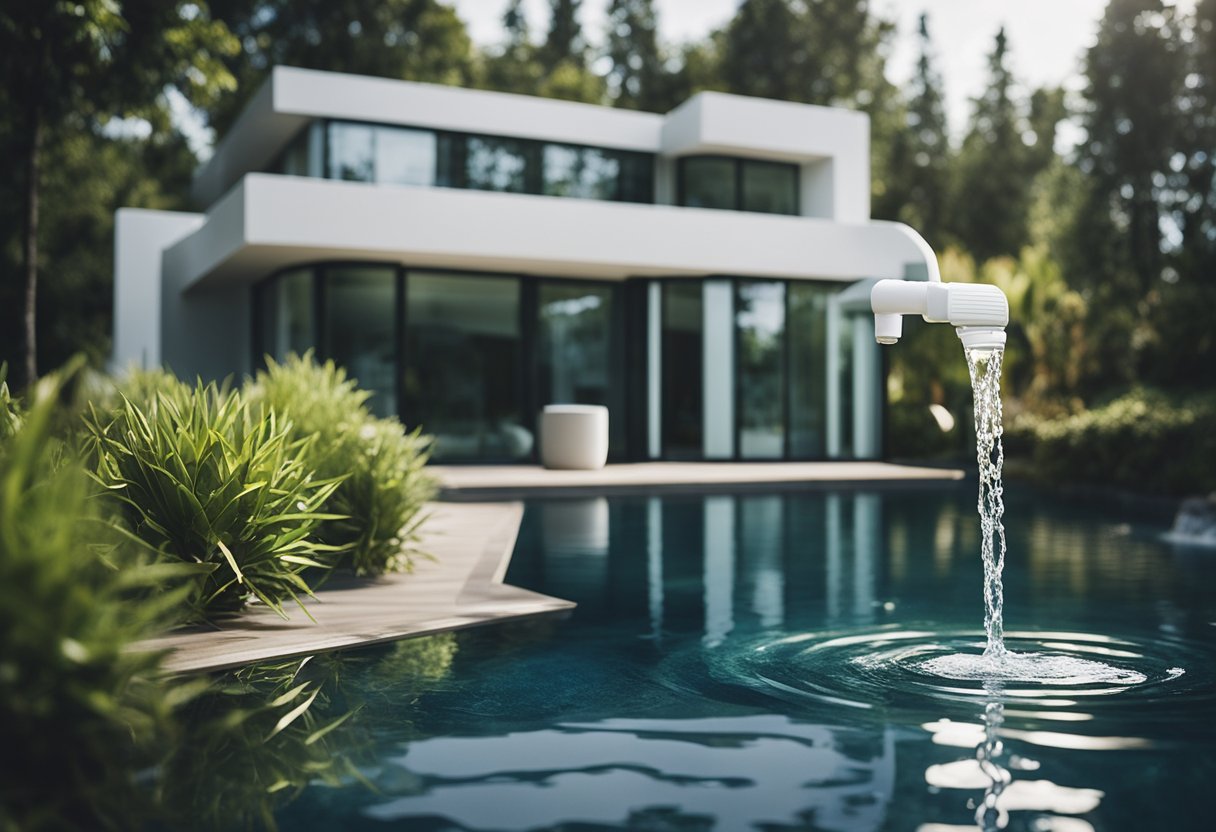 A modern house with a water filtration system installed on the main water line, surrounded by clean, flowing water