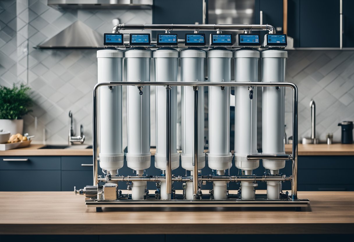 A modern, sleek whole house water filtration system with 7 stages of filtration, surrounded by clean, clear water flowing through pipes