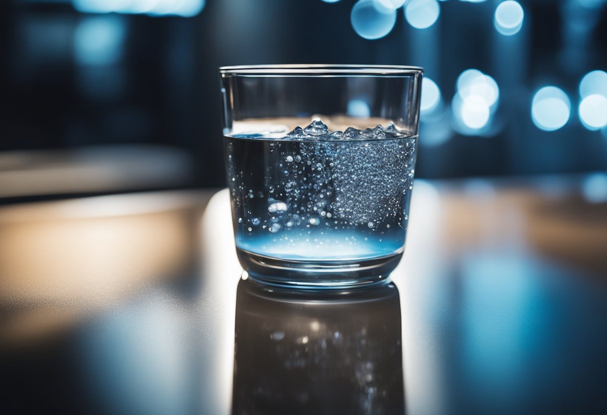 A clear glass of water being purified by a UV water purifier, with a bright UV light shining through the water