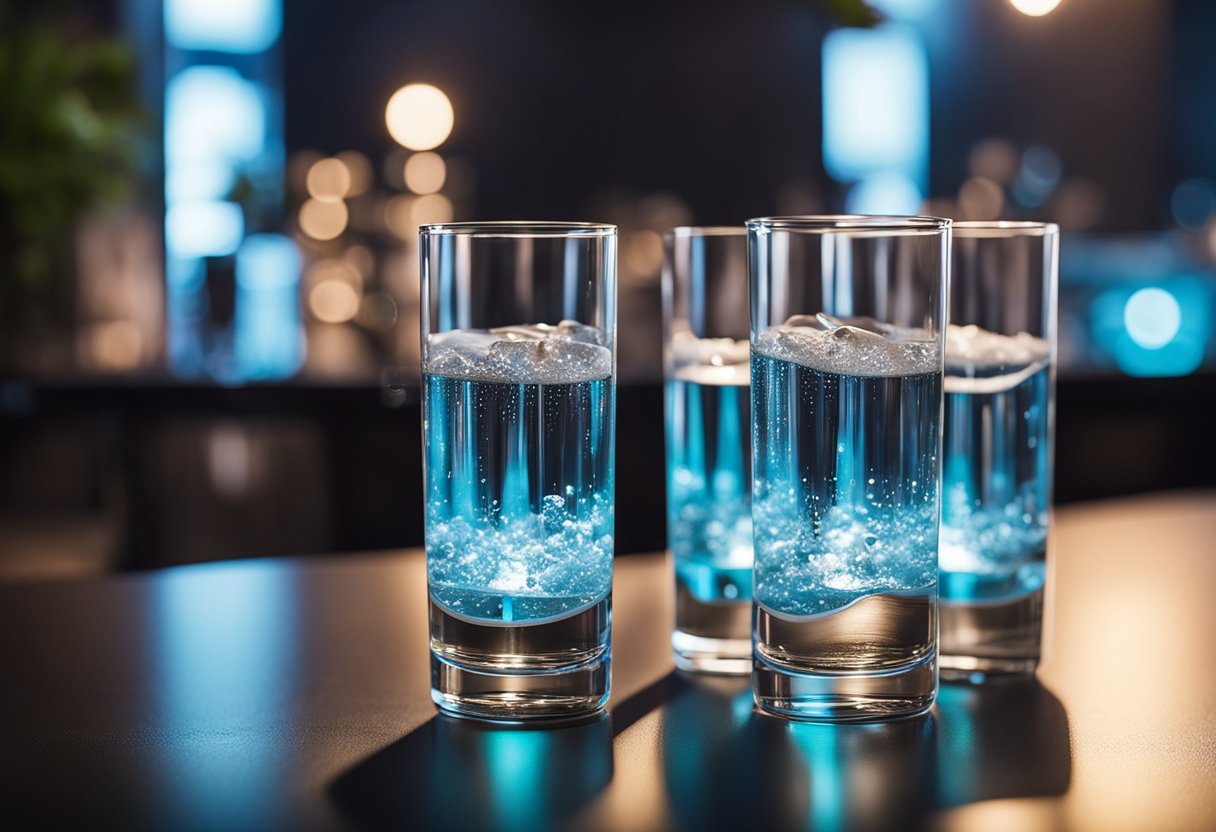 A sleek, modern water purifier glowing with UV light, surrounded by clear, clean drinking glasses