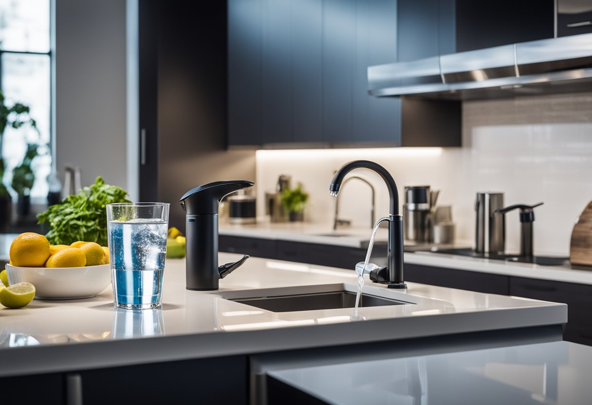 A modern kitchen with a VIQUA VH200 Home UV Water System installed next to a sink, surrounded by clean glasses and a pitcher of water