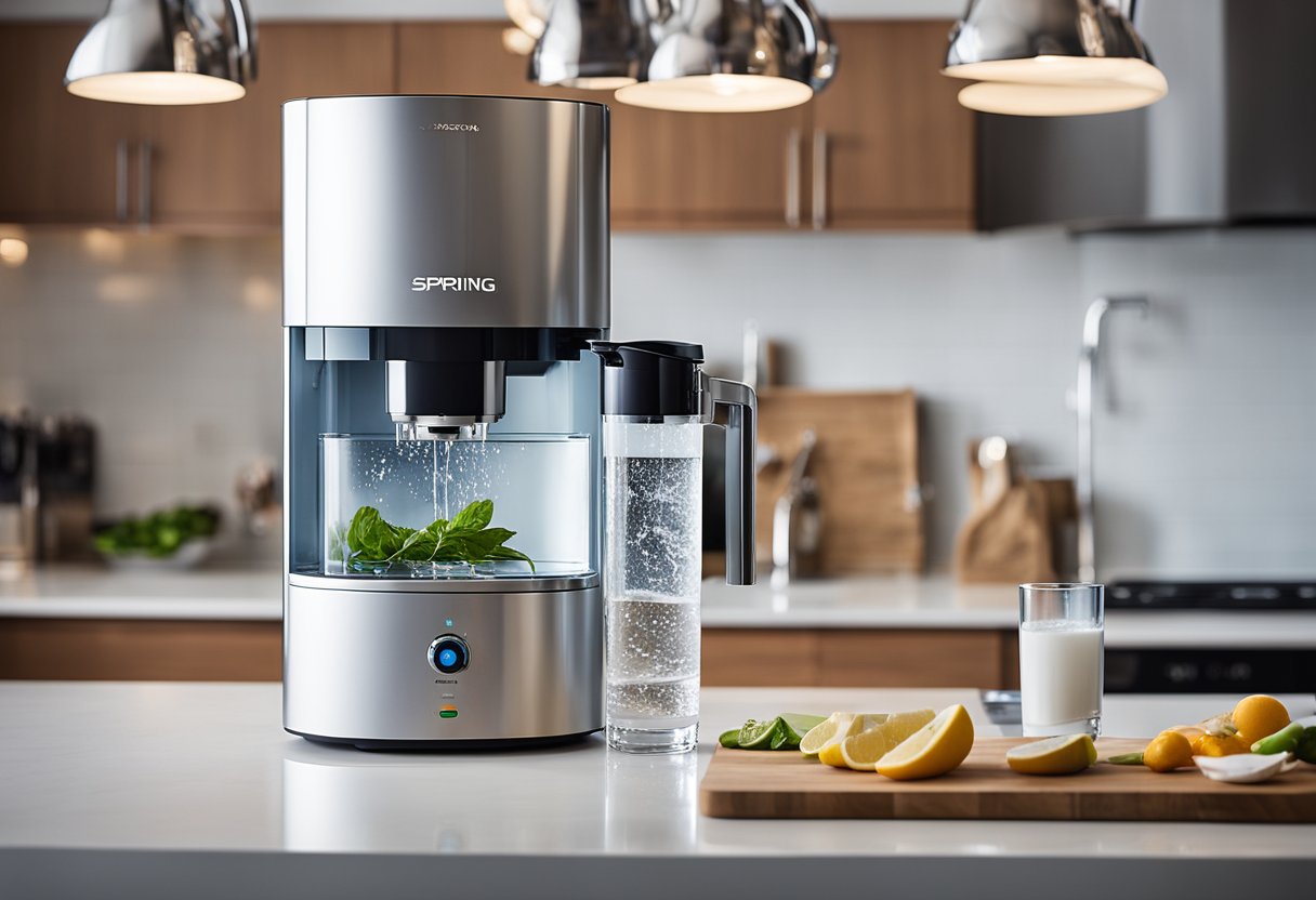 A modern kitchen with a sleek iSpring UVF55FS water purifier mounted on the counter, surrounded by clean glasses and a pitcher of water