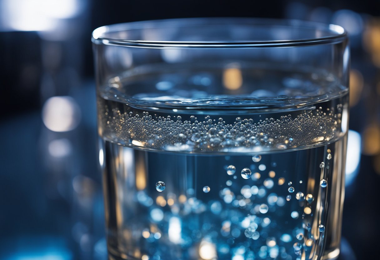 A clear glass filled with water sits under a UV water purifier, with the light shining down onto the surface of the water