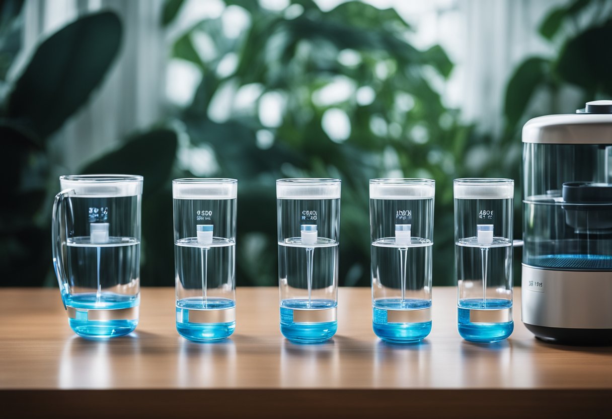 A family of five UV water purifiers arranged in a neat row, each with a different design and size, surrounded by clean drinking glasses and a water source