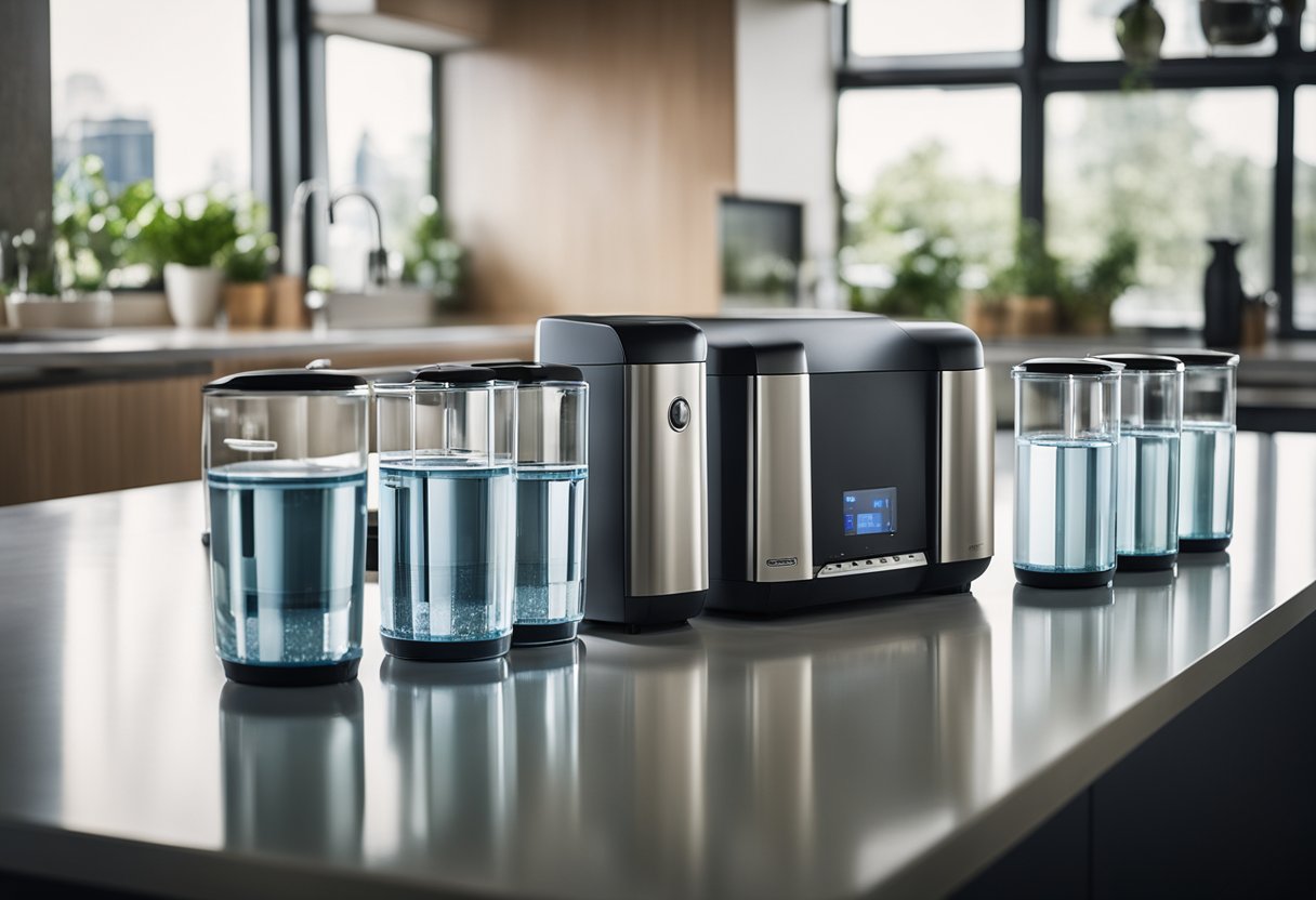 A countertop with five UV water purifiers lined up, each with its own distinct design and features, surrounded by glasses of clean, purified water