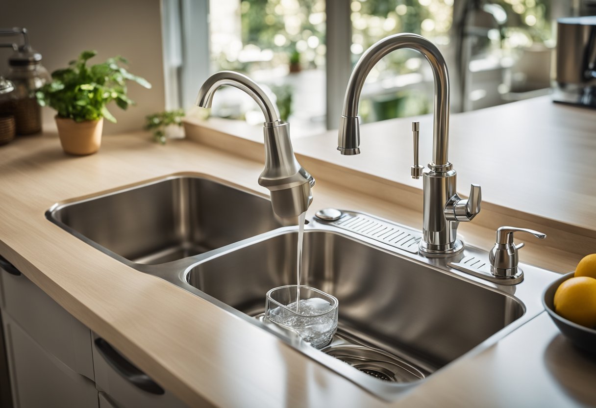 A kitchen sink with a faucet-mounted water filter attached, surrounded by clean dishes and a glass of filtered water