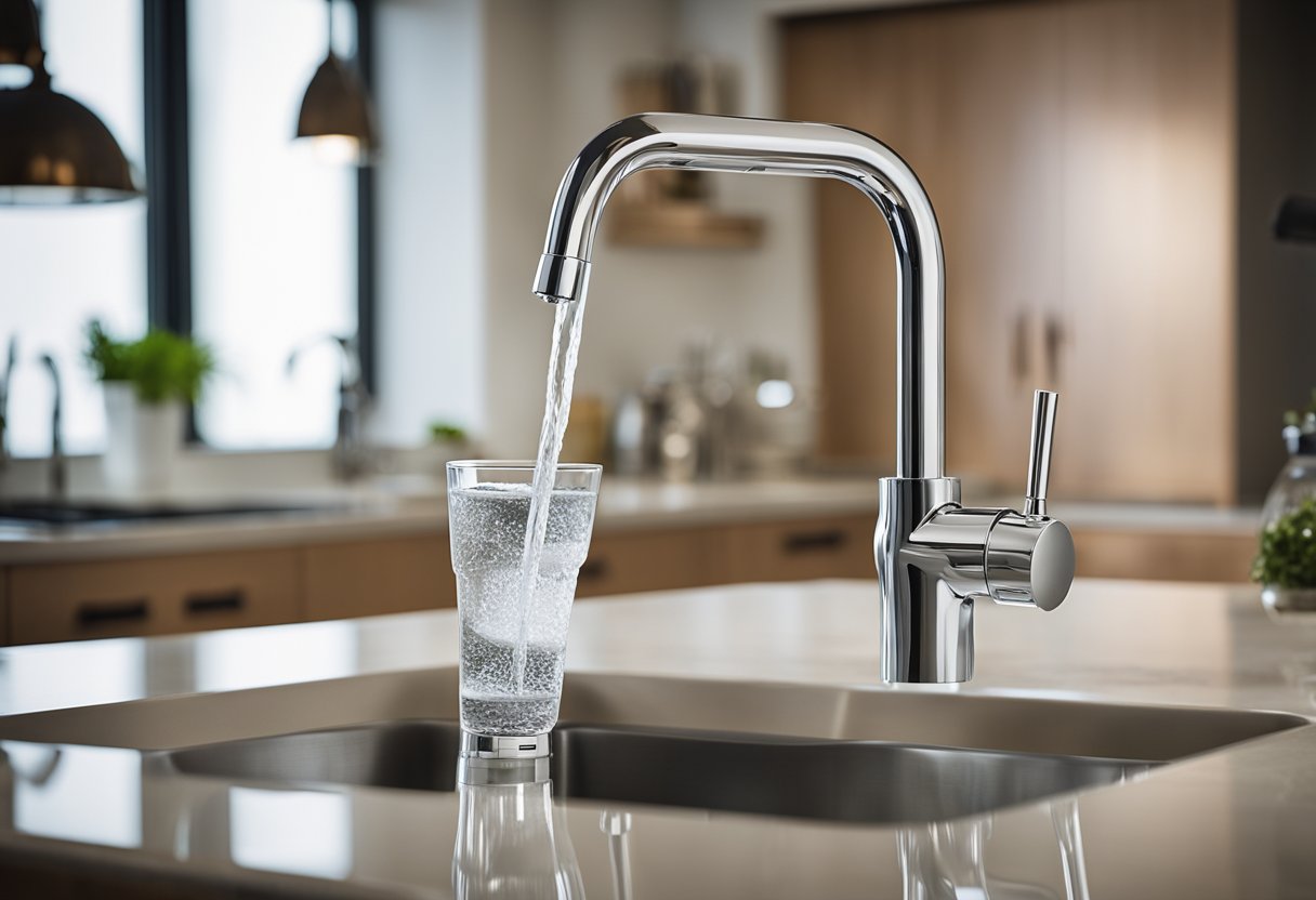 A Culligan FM-15A faucet mount filter attached to a kitchen sink faucet with clean, filtered water flowing out into a glass below