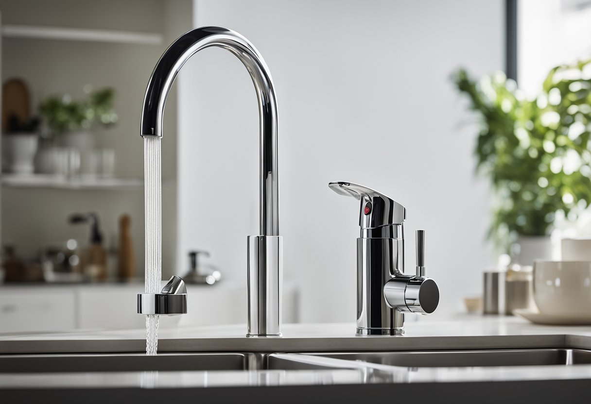 A sleek, modern faucet-mounted water filter is attached to a kitchen sink. Clean lines and a chrome finish give it a polished look