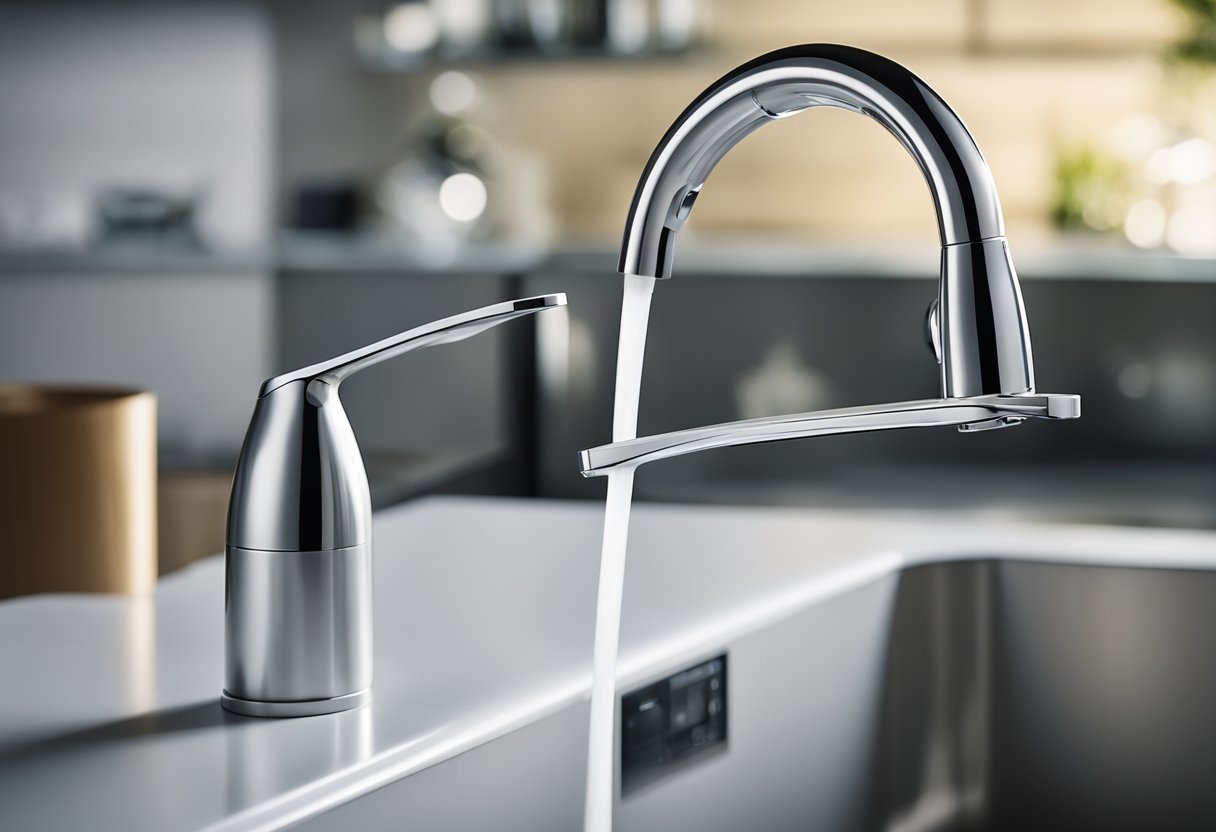 A modern kitchen faucet with a sleek, compact water filter system attached