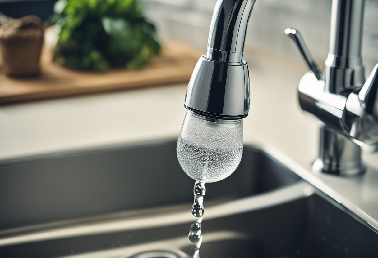 A Waterdrop WD-FC-01 faucet filter attached to a kitchen sink faucet, with clean, filtered water flowing out into a glass below