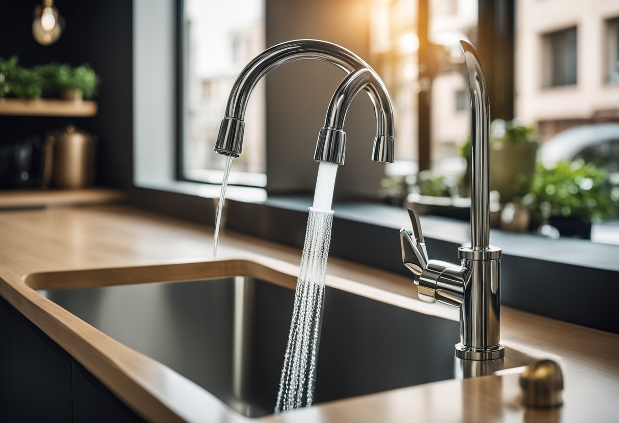 A modern stainless-steel faucet-mounted water filter attached to a sleek kitchen sink with running water