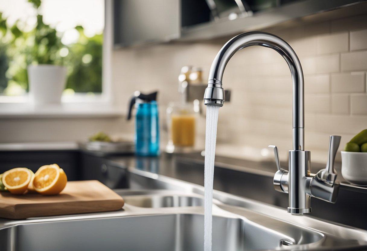 A faucet-mounted water filter is attached to a kitchen sink. Water flows through the filter, removing impurities and providing clean drinking water