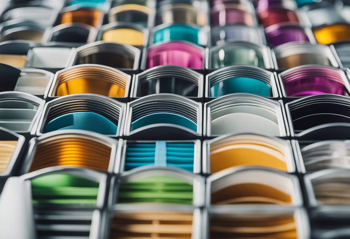 A variety of replacement filters arranged in a neat grid, with different shapes, sizes, and colors, against a clean white background