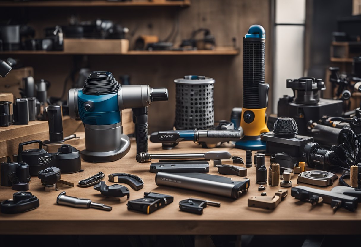 A cluttered workbench with various filter options and a Dyson V11 Torque Drive vacuum in the background