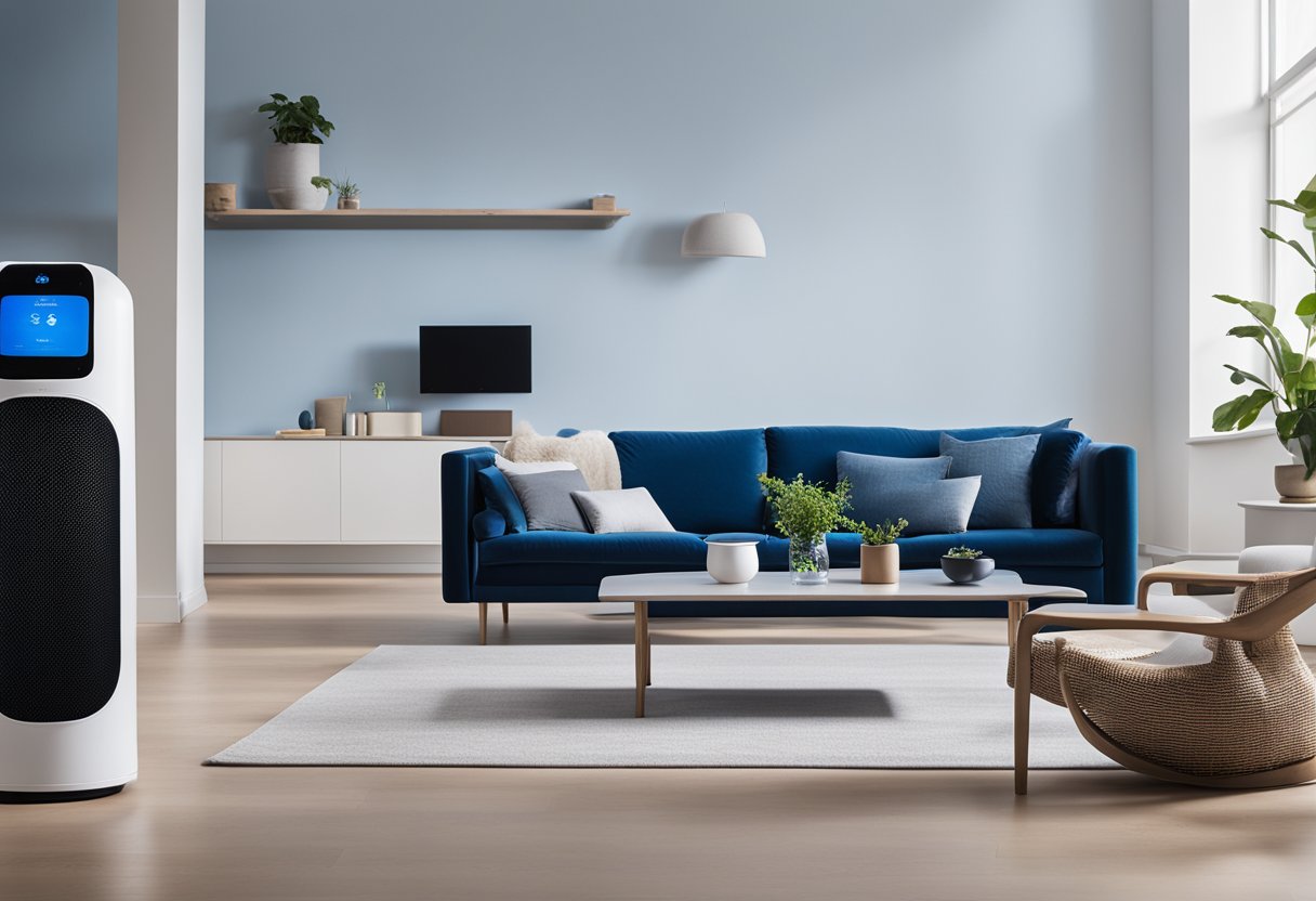 A clean, modern living room with the Blueair Blue Pure 211+ air purifier in the background, surrounded by various replacement filter options