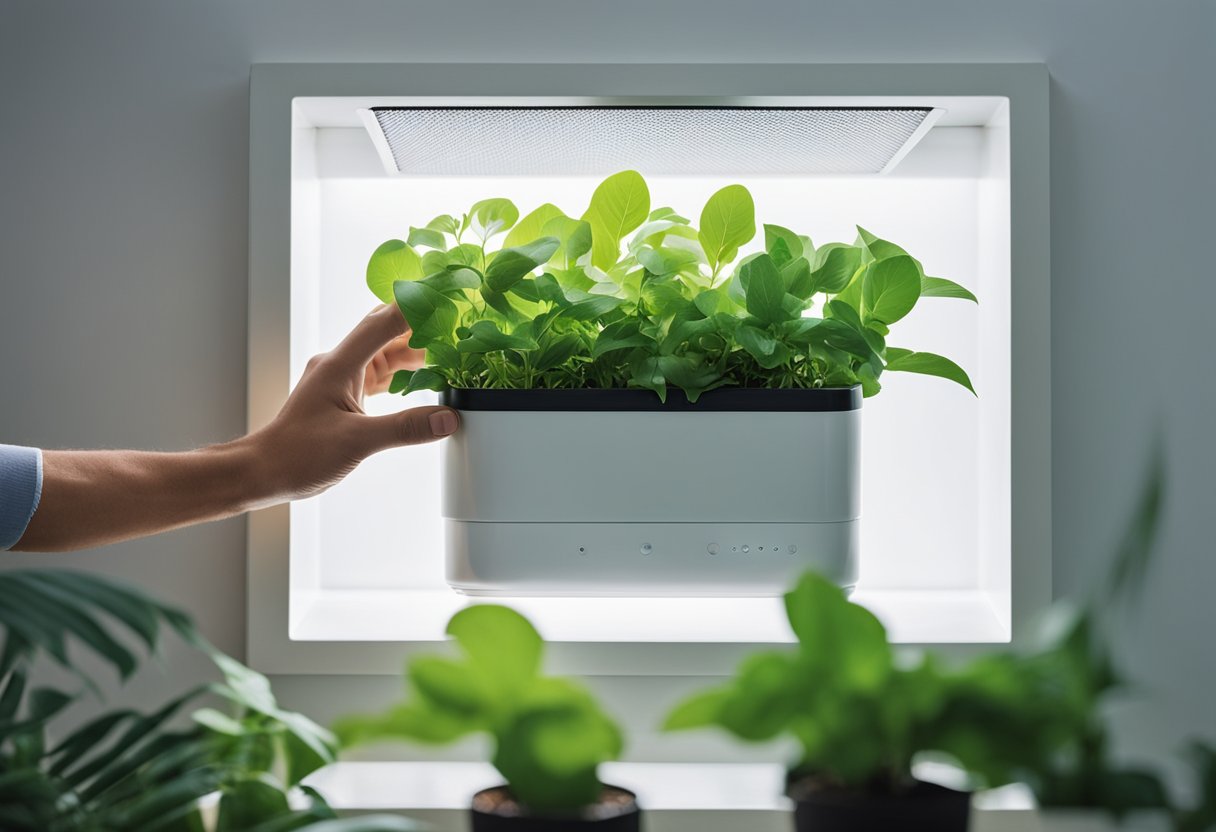 A hand replacing a GermGuardian FLT4825 True HEPA filter in a clean, well-lit room with plants in the background