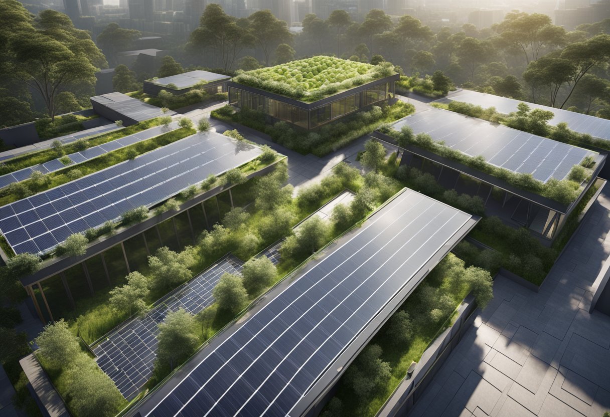 A modern green building stands next to a traditional construction. Solar panels and greenery adorn the green building, while the traditional building lacks sustainable features