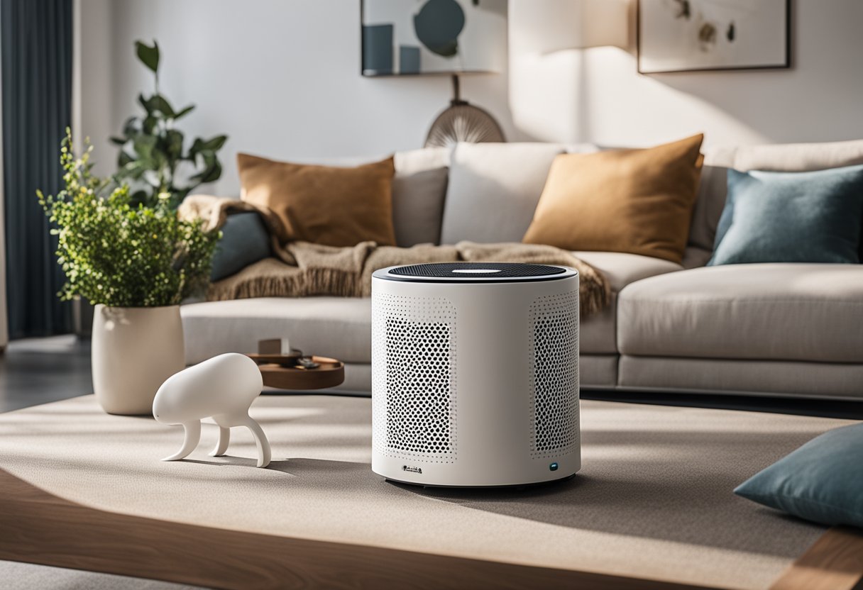 A cozy living room with a RabbitAir MinusA2 air purifier in the corner, surrounded by various replacement filters neatly arranged on a table