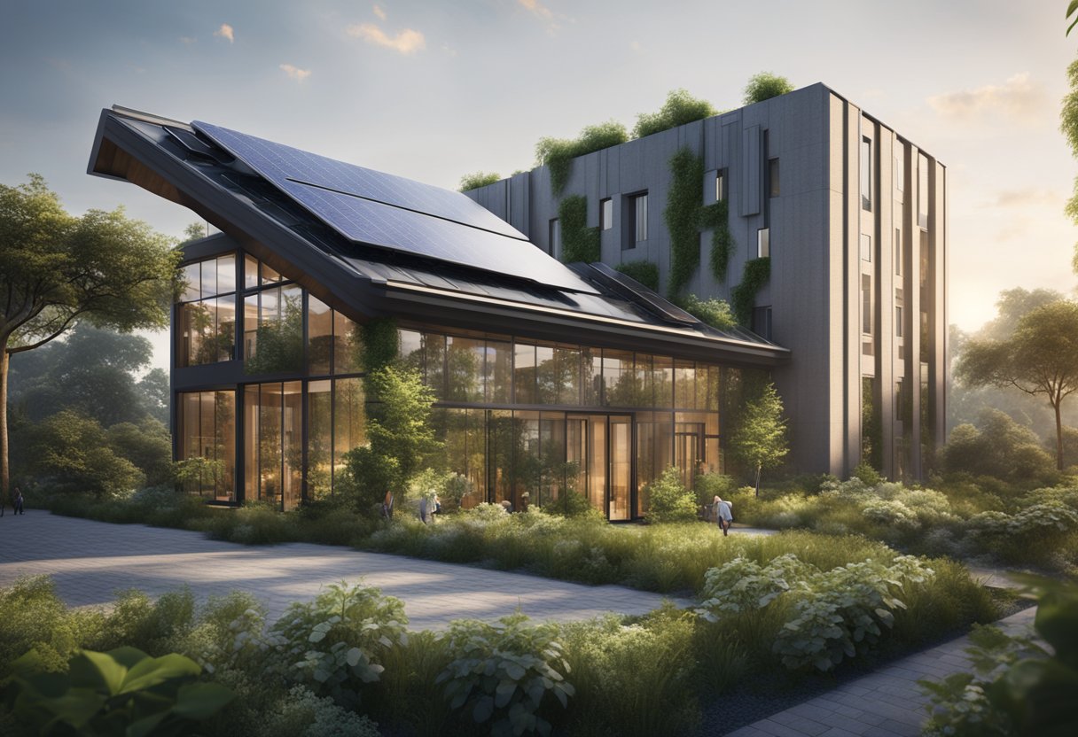 A modern, eco-friendly building with solar panels and greenery contrasts with a traditional construction with smokestacks and pollution