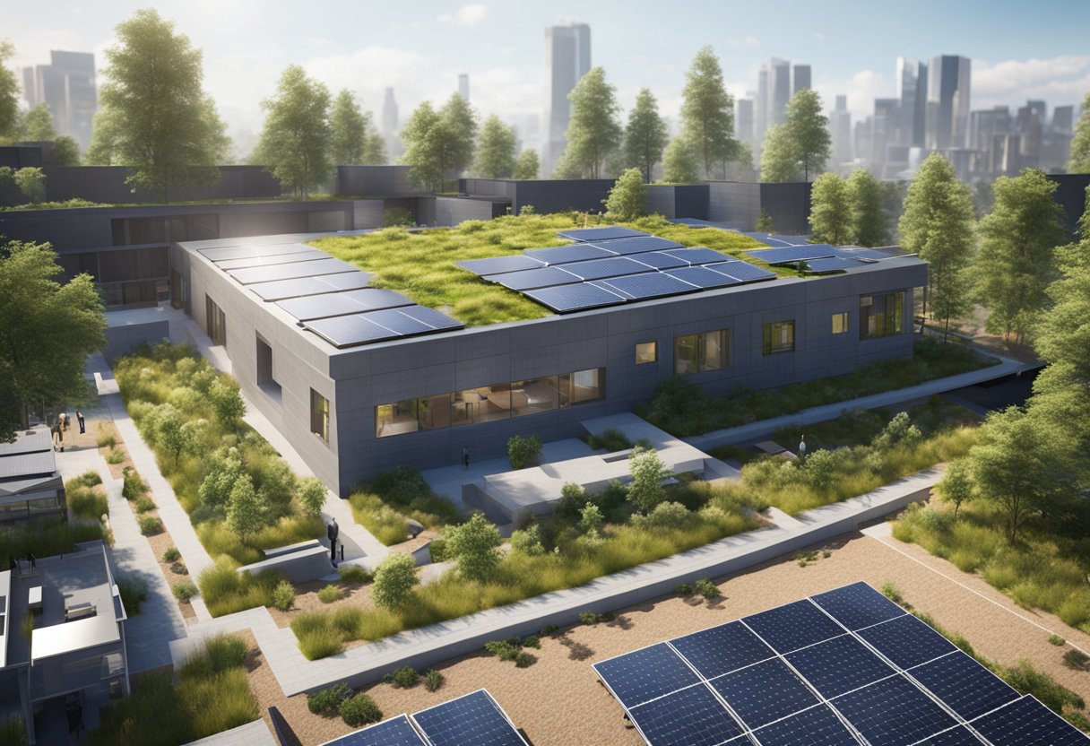 A modern, eco-friendly construction site with solar panels, green roofs, and advanced machinery contrasts with a traditional construction site using heavy machinery and conventional building materials