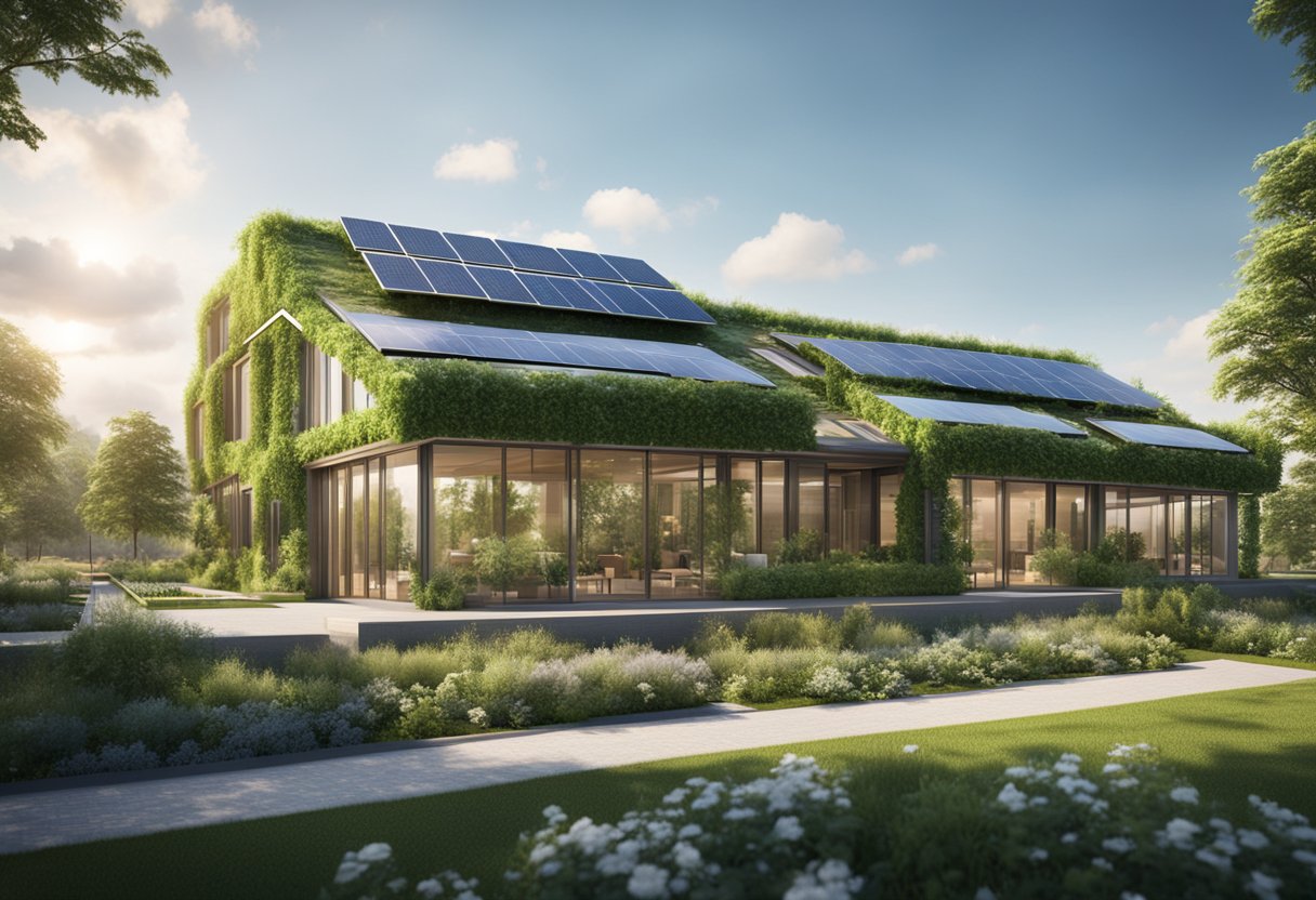 A modern green building with solar panels, wind turbines, and efficient insulation, surrounded by lush landscaping and energy-efficient lighting